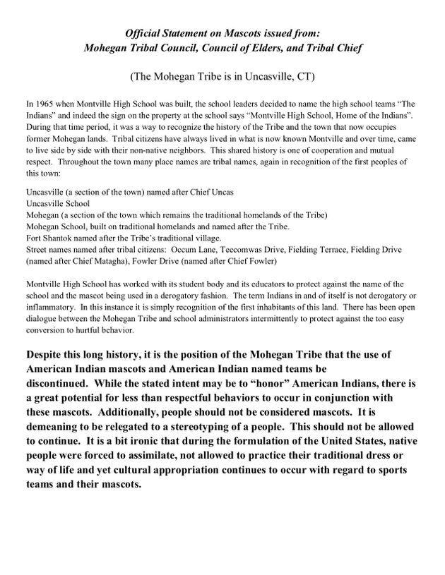 Mohegan Tribe mascot statement